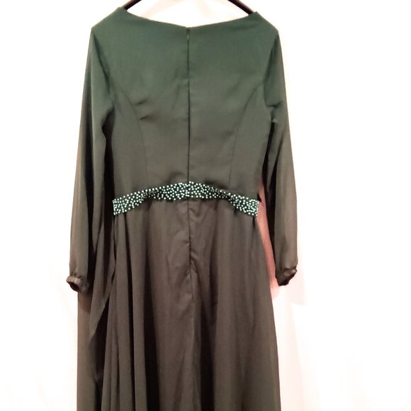 Dress Size 12 A-Line Maxi Dark Green Color Long Sleeves Beaded Sheer Scarf - Picture 4 of 4
